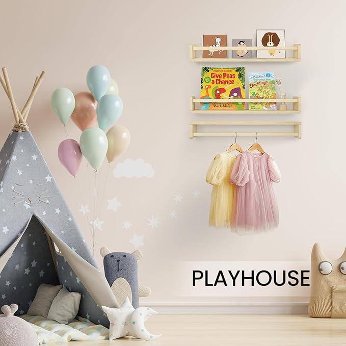Floating Book Shelves for Wall, 23.6 inch Natural Wood Nursery Shelves for Book Storage, Solid Pine Wooden Floating Bookshelf for Bedroom Living Room, Set of 3, Unfurnished - DIY