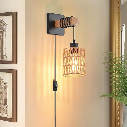 Rustic Wall Sconces Fixtures with Plug in Cord, Set of Two Indoor Vintage Rattan Wall Light Industrial Lamp Fixture Farmhouse Metal Sconces Light for Bedroom Bedside Living Room