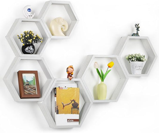Hexagon Floating Shelves Set of 6 Wood Honeycomb Shelves Wall Mounted Farmhouse Storage Honeycomb Wall Shelf Hexagonal Decor Shelf with Hanging Hardware for Bedroom Living Room Kitchen, White MDF