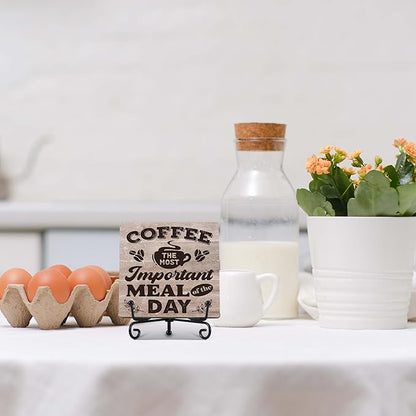 Coffee Bar Decor, Farmhouse Kitchen Table Decor, Coffee Station Accessories, Wooden Decorative Sign with Iron Stand for Table Desk Shelf Display-E18