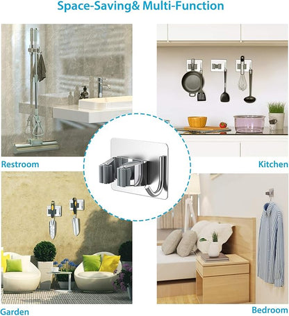 Mop Broom Holder No Drill, Mop Broom Organizer Wall Mounted Heavy Duty with Hooks Hanger, Self Adhesive Stainless Steel 6Pcs for Bathroom, Kitchen, Office (Silver)