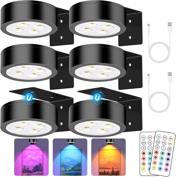 13 RGB Color Changing Led Art Display Light for Picture Frame,Rechargeable Battery Operated Led Painting Light with Remote Control Dimmable & Timer,6Pack Black