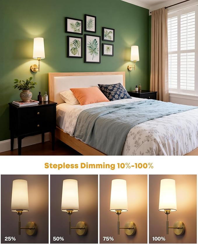 Battery Operated Wall Sconce Set of Two, Gold Rechargeable Wall Sconce, 13000mAh Wireless Wall Sconce with Remote, No Wire Dimmable Wall Lamp/Light for Bedroom,Living Room