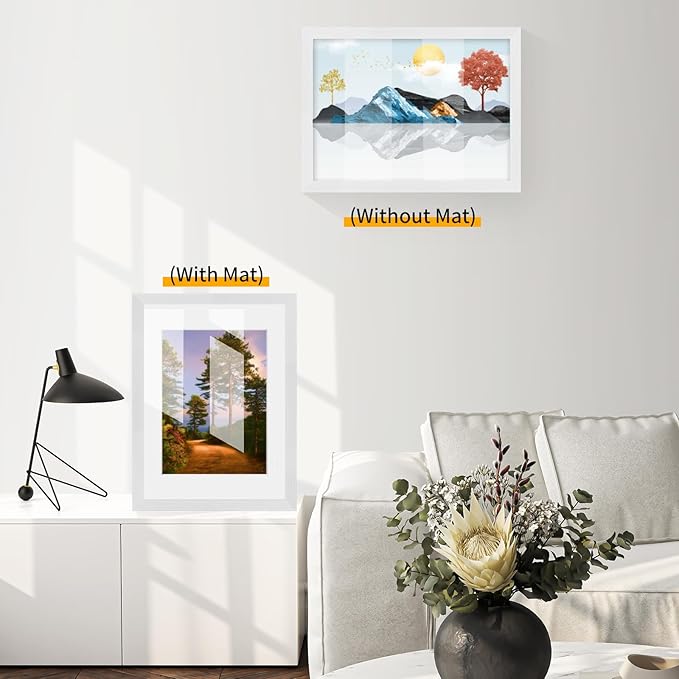 puthiac 9x12 Solid Oak Wood Picture Frame, Fits 6x8 with Mat or 9x12 Without Mat, Wall or Tabletop Display with Stand, Vertical or Horizontal, Plexi Front, 1 Pack, White