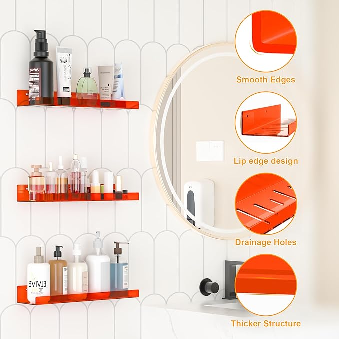 4 Pack Floating Shelves –15'' Orange Acrylic/PET Wall-Mounted No Drill Storage with Adhesive, Bathroom & Bedroom Shelving for Kitchen, Living Room, Home Decor