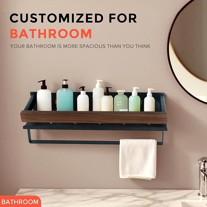 Bathroom Shelf 40 Inch, Wall Mounted Organizer with Towel Rail & Self-Draining - Space Saver with Removable Clips for Kitchen, Living Room, Solid Walnut Finish