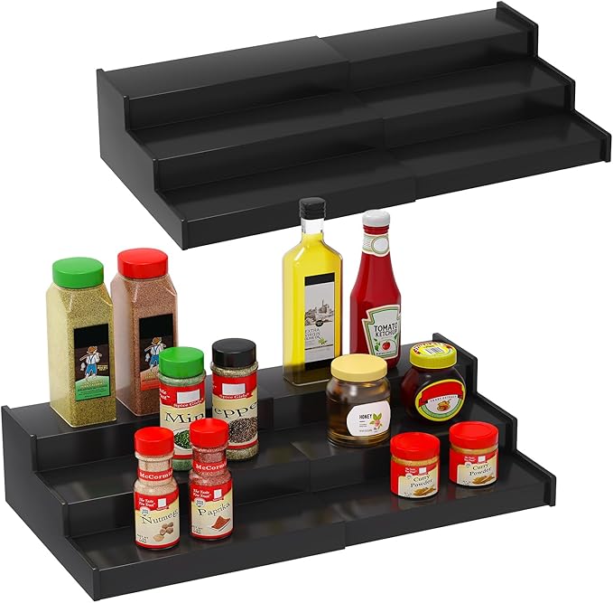 Spice Rack Organizer for Cabinet 2 Pack, 3 Tier Expandable Bamboo Spice Storage for Kitchen Cupboard Pantry, Black