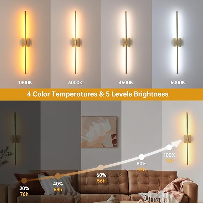 Battery Operated Wall Sconce Set of 2, 10000mAh Rechargeable Wall Sconces with Detachable Battery, Indoor 350°Rotate Wall Lights for Bedroom Living Room, Gold, 31.5 Inch