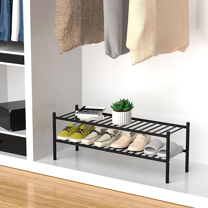 2-Tier Bamboo Long Shoe Rack, Free Standing Wood Shoe Shelf Storage Organizer for Closet Entryway Stackable 35