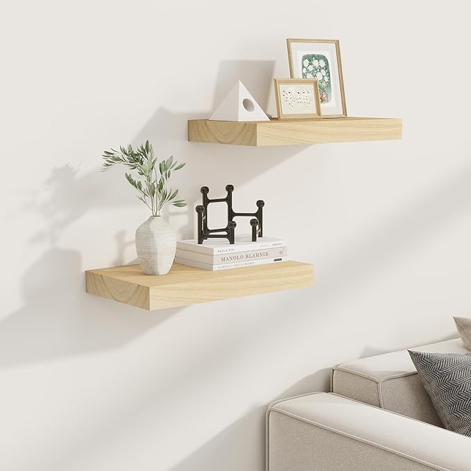 Fun Memories Deep Floating Shelves 16 Inch Long, Natural Wood Floating Shelf for Wall, Set of 2, Rustic 9 Inch Deep Wall Shelves, Deep Bathroom Shelves for Storage & Display, Burlywood