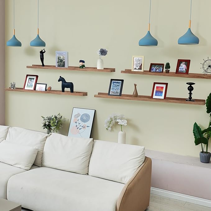 Long Floating Shelves for Wall 47 Inch,Real Wood Picture Ledge Shelf with Lip Set of 4,Photo Frame Storage Display for Living Room Nursery Room Bedroom Bathroom Kitchen Decor(Carbonized Black)