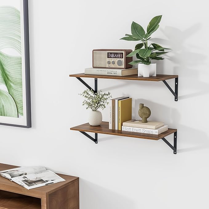 Heimlove 12 Inch Deep Floating Shelves for Wall, 24W x 12D Wood Wall Shelves Set of 2, Walnut Wide Floating Bookshelf for Living Room, Kitchen, Office, Bedroom, with Black Metal Bracke - Walnut