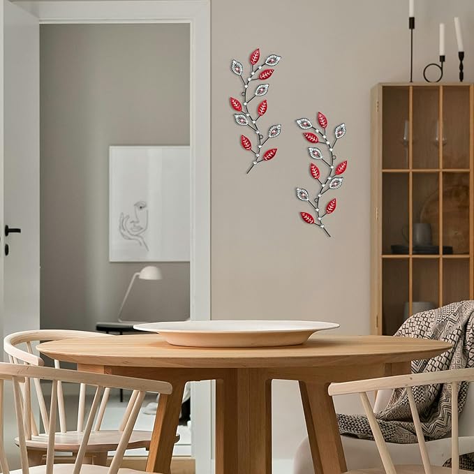 sxnzequnze 2 Pcs Metal Leaf Wall Art Crystal Bling Decorations Silver Leaves 3D Iron Handmade Home Decor Hanging Minimalist Accents Modern Set for Living Room Bathroom Bedroom Dining Room Hallway
