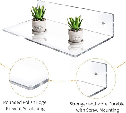 12 Inch L-Shaped Acrylic Floating Shelf Clear Wall Mounted Shelves Invisible 5MM Thick Shelf for Wall Storage Clear Shelves for Makeup Photo Picture Book Record Display 3 Pack