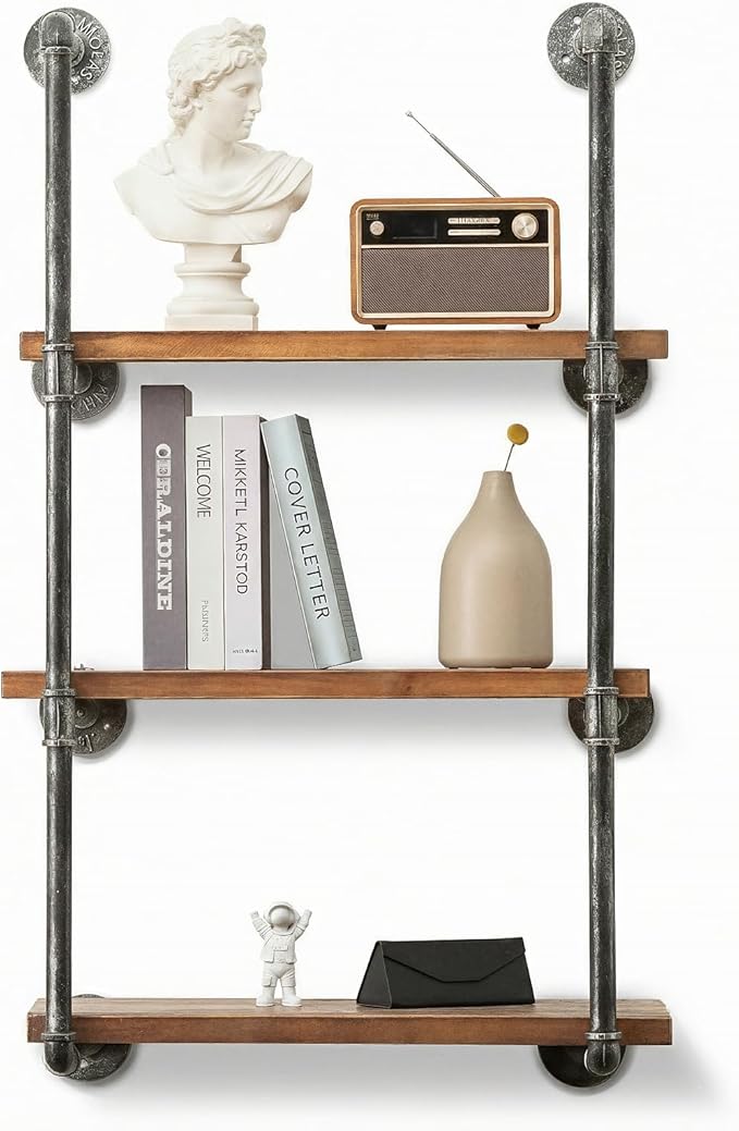 Industrial Wall Mounted Iron Floating Pipe Wood Shelves/Shelving/Racks/Storage/Bookcases/Brackets, DIY Open Bookshelves/Shelving for Kitchen/Office, Retro Black, Brown