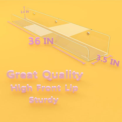 36 Inch 50% Thicker Clear Acrylic Book Shelves, Invisible Kids Wall Bookshelves for Baby Storage Book Rack, Toy Organizer, Book Display, Playroom, Bedroom, Toddler Room, Nursery 2 Packs