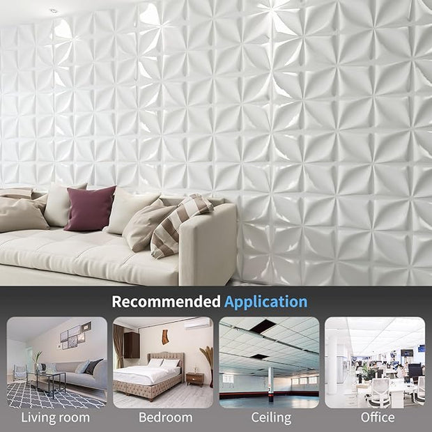 Art3d 19.7" x 19.7" (Pack of 12) 3D Wall Panels Lucky Leaves PVC Wall Panel for Inter Decoration, Living Room, TV Background, Office, White