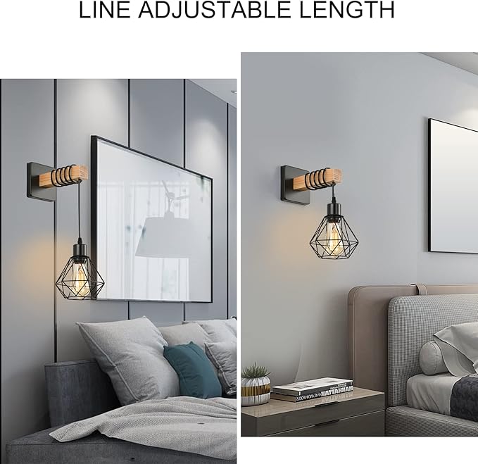 Rustic Wall Sconces Fixtures with Plug in Cord, Set of Two Indoor Vintage Rattan Wall Light Industrial Lamp Fixture Farmhouse Metal Sconces Light for Bedroom Bedside Living Room