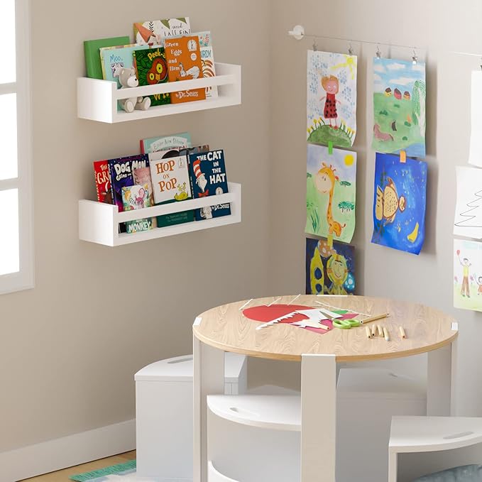 You Have Space Elba Floating Book Shelves for Kids Room Decor, Nursery Shelves for Wall, Bookshelf, White Set of 2