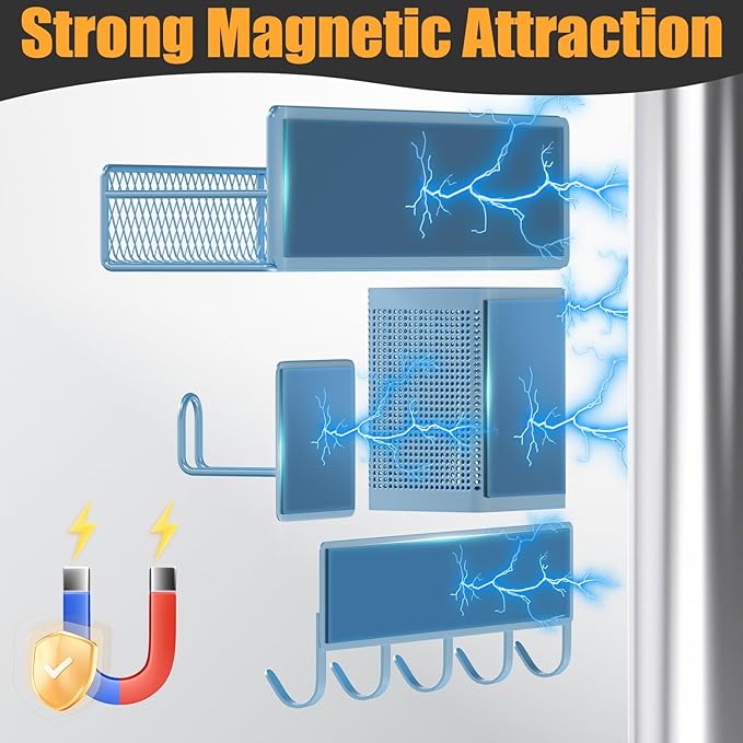 Magnetic Spice Rack for Refrigerator, 10 Pack Metal Magnetic Shelf, Moveable Spice Organizer with Hook Rack, Paper Towel Holder, Kitchenware Holder, Strong Magnetic Storage Fridge Organizer Blue