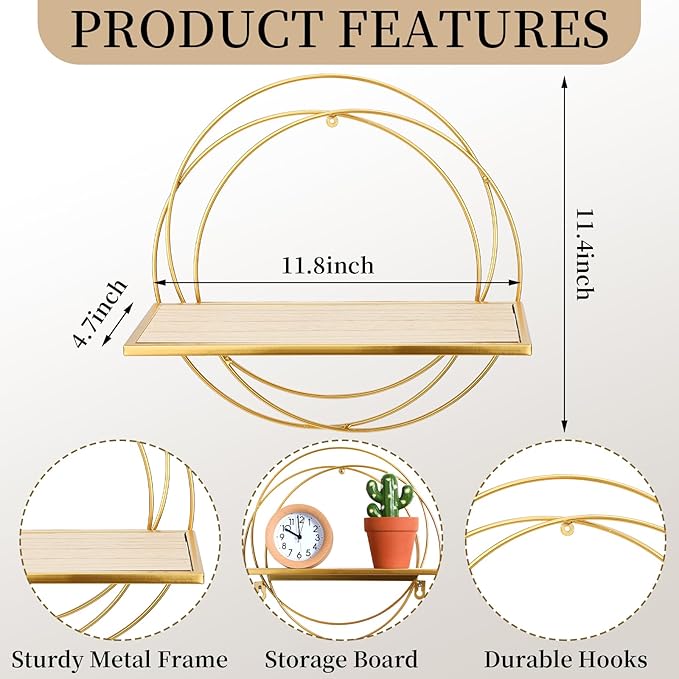 3 Pcs Gold Floating Shelves Wall Mounted Hanging Shelf with Gold Metal Wire and Wood, Foldable Round Shelf Wall Decor for Storage Bedroom Bathroom Living Room Kitchen Office Home Decoration