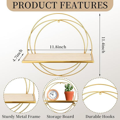 3 Pcs Gold Floating Shelves Wall Mounted Hanging Shelf with Gold Metal Wire and Wood, Foldable Round Shelf Wall Decor for Storage Bedroom Bathroom Living Room Kitchen Office Home Decoration