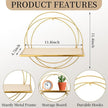 3 Pcs Gold Floating Shelves Wall Mounted Hanging Shelf with Gold Metal Wire and Wood, Foldable Round Shelf Wall Decor for Storage Bedroom Bathroom Living Room Kitchen Office Home Decoration