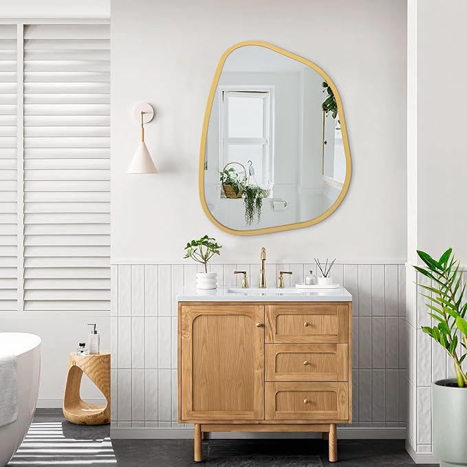 Large Asymmetrical Wall Mirror Irregular Wood Frame Modern Unique Wall-Mounted Artistic Wavy Mirror Decor Bathroom Vanity Bedroom Living Room Entryway Hallway 26
