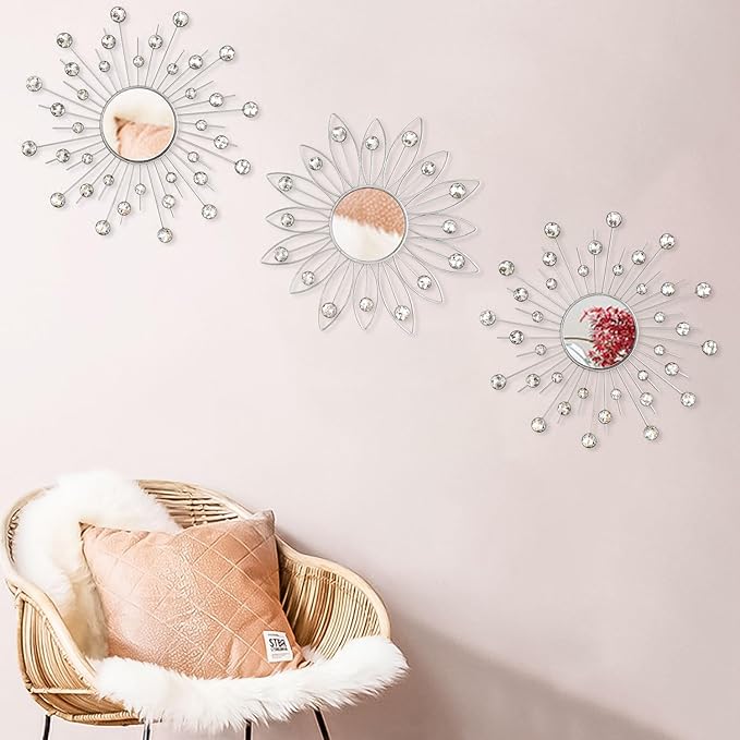 Uaussi 3 Pack Crystal Sunburst Wall Mirror Décor Rhinestone Mirrors Decorative Home Wall Art for Living Room Bedroom Entryway(Flower+Sunburst Silver)