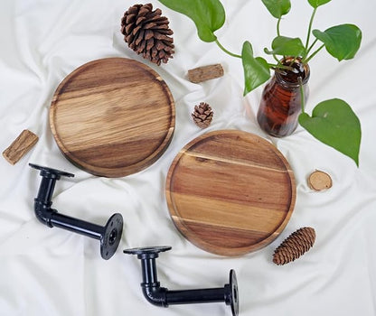 Round Wooden Floating Shelves Wall Mounted (Set of 2). Made of Acacia Wood. Industrial Pipe Brackets. A Unique Rustic Pedestal for Plants and Ornaments. Diameter 7.1 inches.