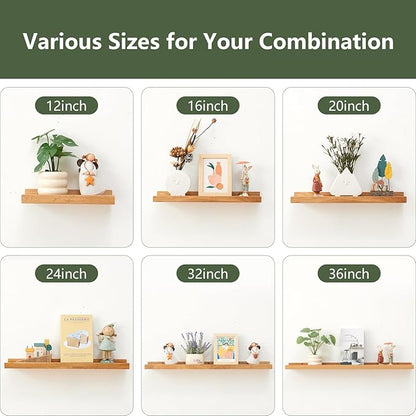 Wood Floating Shelves Set of 2 Pine Wood Wall Shelf 16 inches, Floating Shelf for Wall Mounted - Upgrade Width 5.85", Floating Display Shelves for Living Room Bedroom Kitchen Bathroom, Natural