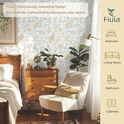 Yellow Wallpaper Floral Peel and Stick Wallpaper Boho Light Blue and Yellow Wall Paper Bird Botanical Contact Paper for Cabinets Renter Friendly Self-Adhesive Bathroom Bedroom 393"×17.3"