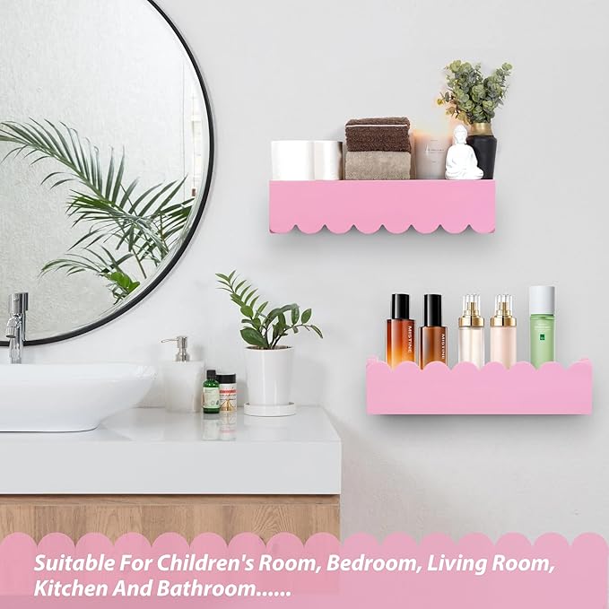 Wood Floating Shelves for Wall,Nursery Bookshelf,Kids Book Shelf,Baby Toys Storage Decor Organizer Wall Mounted for Living Room Bedroom,Wavy Edge,Preassembled,2 Pack,Scalloped Pine(Pink)