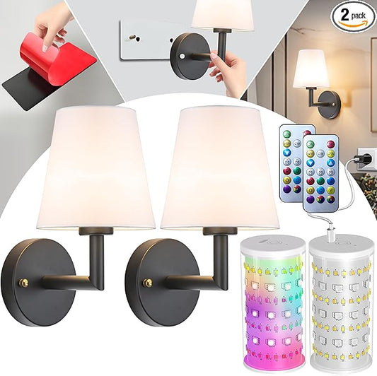 Peel and Stick Wall Sconces, Stick On Wall Sconce Set of 2, Battery Operated Wireless Wall Light, No Drill Adhesive Wall Lamp, Corn Bulb with 10000mAh Rechargeable Battery, Bedroom Wall Decor