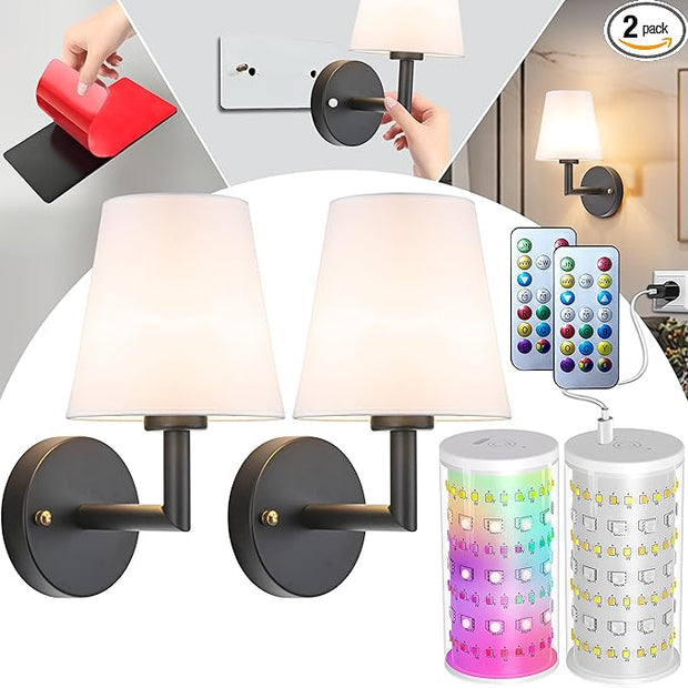 Peel and Stick Wall Sconces, Stick On Wall Sconce Set of 2, Battery Operated Wireless Wall Light, No Drill Adhesive Wall Lamp, Corn Bulb with 10000mAh Rechargeable Battery, Bedroom Wall Decor
