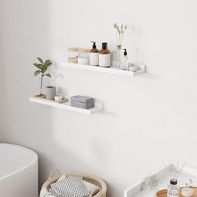 RICHFOCUS Floating Shelves for Wall, 24 inch Solid Wood Picture Ledge Shelf for Wall Storage, Nursery Book Shelves with Lip for Living Room Bathroom Bedroom Kitchen, Set of 2, Washed White