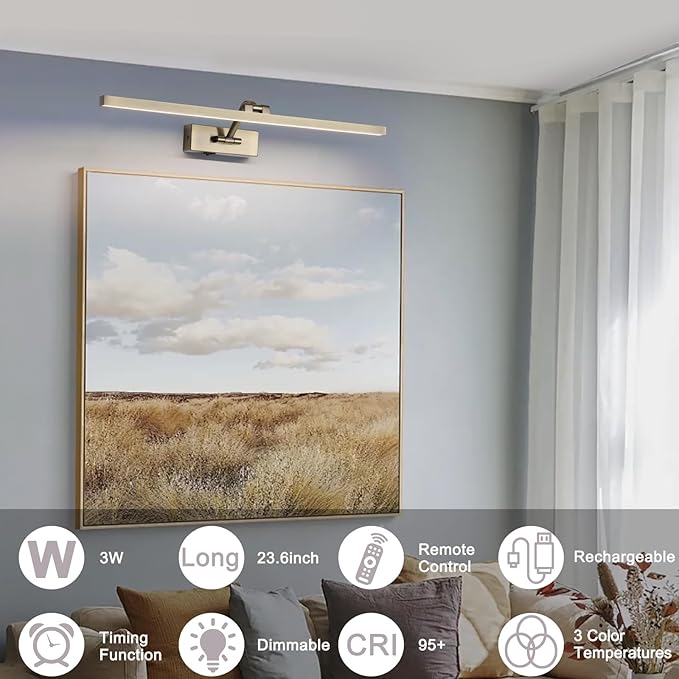 10000mAh Picture Light Battery Operated,23.6In Antique Bronze Wireless Rechargeable Picture Light 3 Colors Dimmable Art Light with Remote Timer for Paintings,Gallery