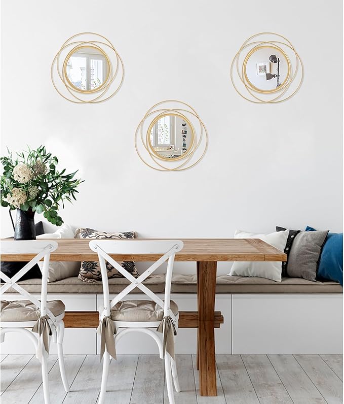 3 Set Gold Circle Mirrors for Wall Decor - Metal Art Small Round Mirror Sets - Hanging Wall Sculpture for Bedroom, Living Room, Entryway 12''