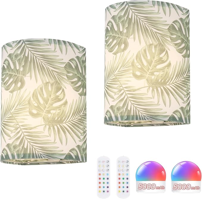 Adhesive Battery Operated Wall Sconce Set of 2, 5000 mAh Battery Rechargeable Bulb with 12 RGB Colors, Stick on Wall Sconce No Drill Wall Lights, Pattern