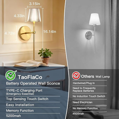 Battery Operated Wall Sconces Set of 2, Wireless Wall Sconce with Remote Dimmable Timer, Rechargeable 5200mAh, Cordless Wall Light Gold for Bedroom Living Room, Hallway, Light Decor