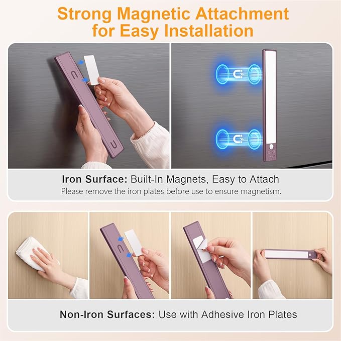 Gritin 10.2inch Under Cabinet Lighting Rechargeable 2 Pack- 3 Color Temps&5 Level Brightness, Super Bright, 4 Modes, Motion Sensor, Long Lasting - Easy Installation Magnetic Under Closet Lights-Mauve