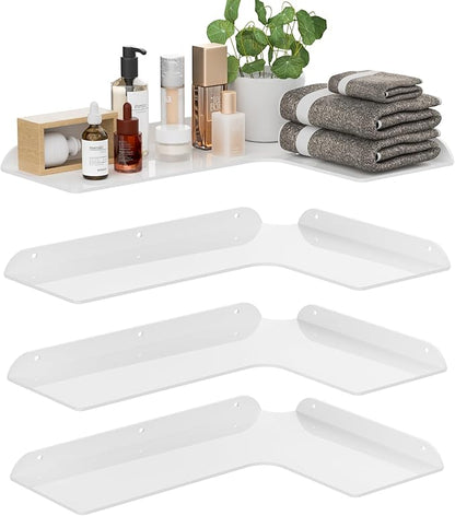 11.4x16 Inch Acrylic Corner Floating Shelf Set of 4, White Corner Wall Shelf for Home Décor, Speakers, Security Cameras, Toileries, Plants, Figures, Cosmetics, Books