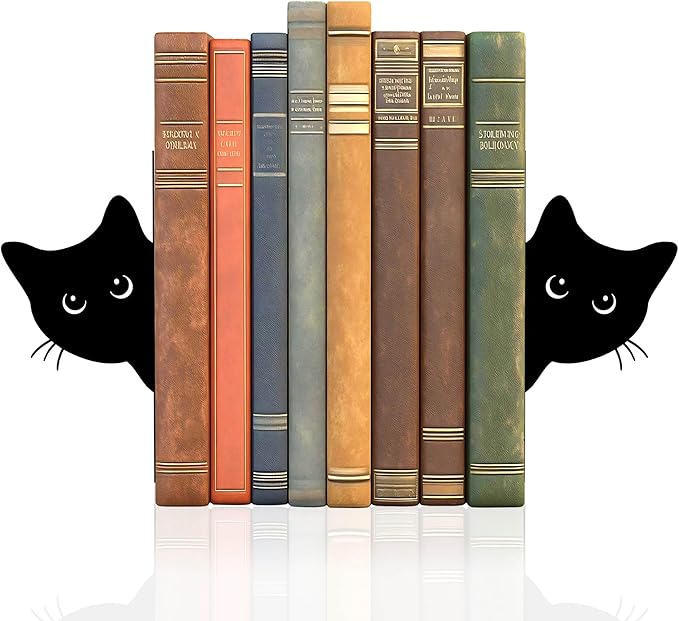 Bookends Metal Cat Book Ends, 1 Pairs Cute Bookends for Shelves Decorative for Home Office Desk Bookshelf Decor (Black, Full-face)
