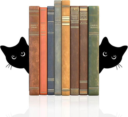 Bookends Metal Cat Book Ends, 1 Pairs Cute Bookends for Shelves Decorative for Home Office Desk Bookshelf Decor (Black, Full-face)