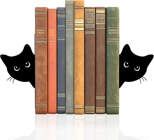 Bookends Metal Cat Book Ends, 1 Pairs Cute Bookends for Shelves Decorative for Home Office Desk Bookshelf Decor (Black, Full-face)