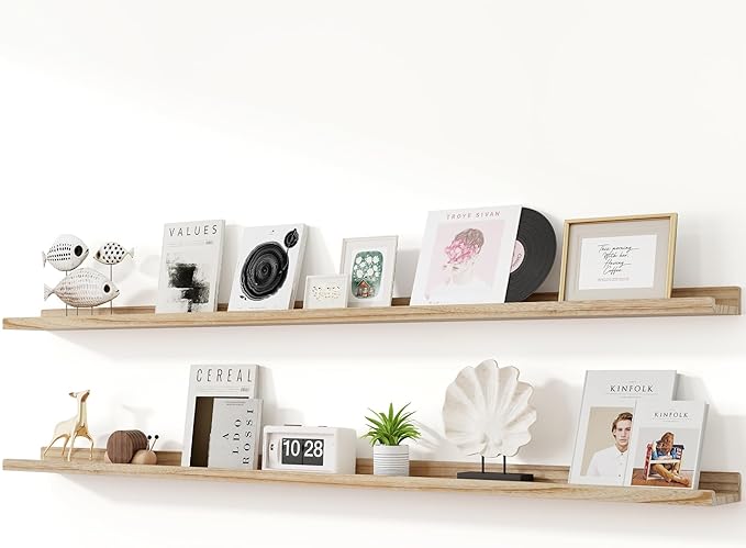 RICHFOCUS Floating Shelves for Wall, 72 inch Solid Wood Picture Ledge Shelf for Wall Storage, Nursery Book Shelves with Lip for Living Room Bathroom Bedroom Kitchen, Set of 2, Carbonized Black