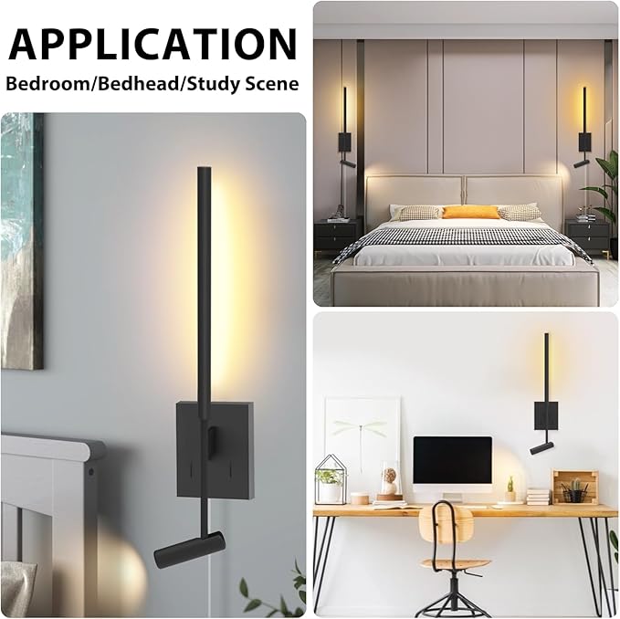 ZEROUNO Modern Plug in Wall Sconce Indoor Wall Light, Minimalist LED Line Wall Lamp with Switch, Adjustable Matte Black Wall lamp for Living Room Bedroom Hallway Reading etc