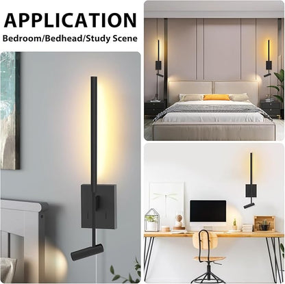 Modern Plug in Wall Sconce Indoor Wall Light Set of two for Bed, Corded Minimalist Bedside Linear Wall Sconce With Switch, Adjustable Black Wall Mount lamp for Living Room Bedroom Hallway Reading etc