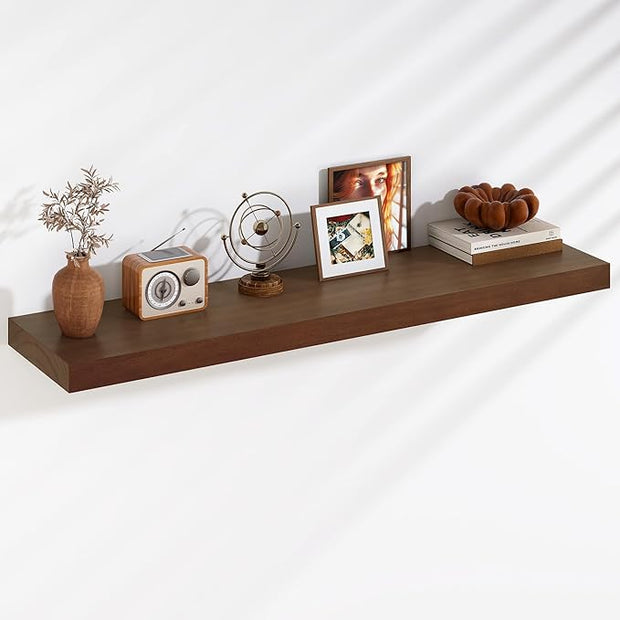 Fun Memories Floating Shelves, 9.3 Inch Deep Solid Pine Wood Wall Shelves for Storage, Rustic Wall Mounted Display Shelf with Invisible Heavy-Duty Metal Bracket, 48 Inch Width, Walnut