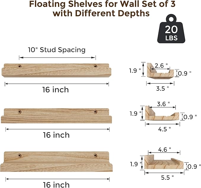 RICHFOCUS Floating Shelves for Wall, 16 inch Solid Wood Picture Ledge Shelf for Wall Storage, Nursery Book Shelves with Lip for Living Room Bathroom Bedroom Kitchen, Set of 3, Carbonized Black